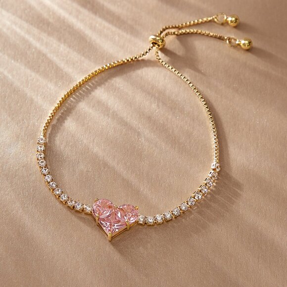 3/$35 Copper Chain Bracelet Pink Heart Gold Cubic Zirconia Diamond Crystal - Picture 1 of 5